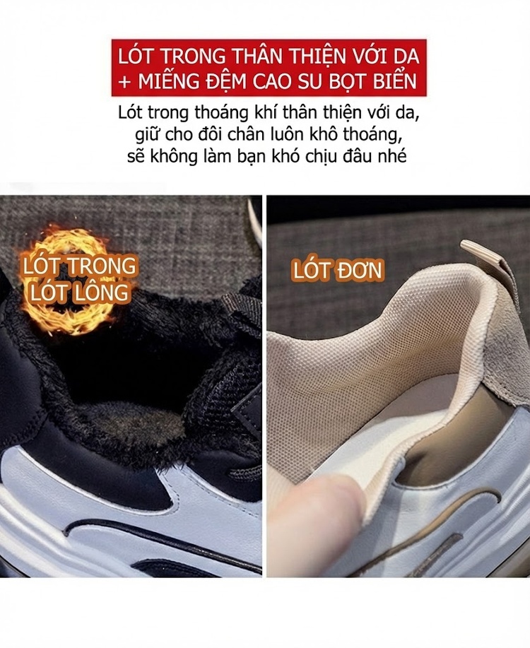 Giày Sneaker Nữ Da Bóng Đế Dày Chiều Cao Đế Khoảng 5cm Lót Lông Đi Mềm Màu Trắng, Đen, Nâu, Đỏ... chi tiết 16