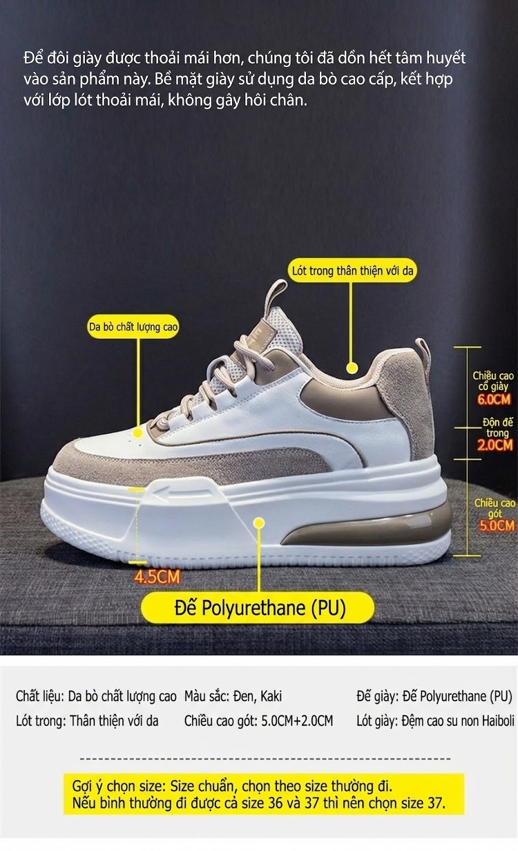 Giày Sneaker Nữ Da Bóng Đế Dày Chiều Cao Đế Khoảng 5cm Lót Lông Đi Mềm Màu Trắng, Đen, Nâu, Đỏ... chi tiết 8