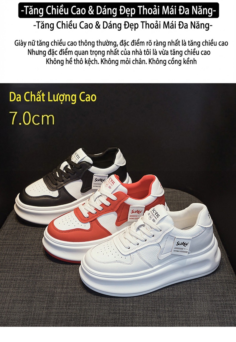 Giày Sneaker Nữ Da Bóng Đế Dày Chiều Cao Đế Khoảng 5cm Màu Trắng, Đỏ, Đen... chi tiết 2