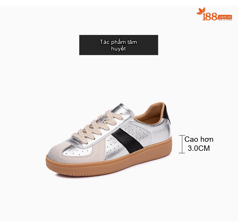 Giày Sneaker Nữ Da Cừu Đế Mềm Chiều Cao Đế Khoảng 3cm Màu Bạc, Trắng, Đen chi tiết 5