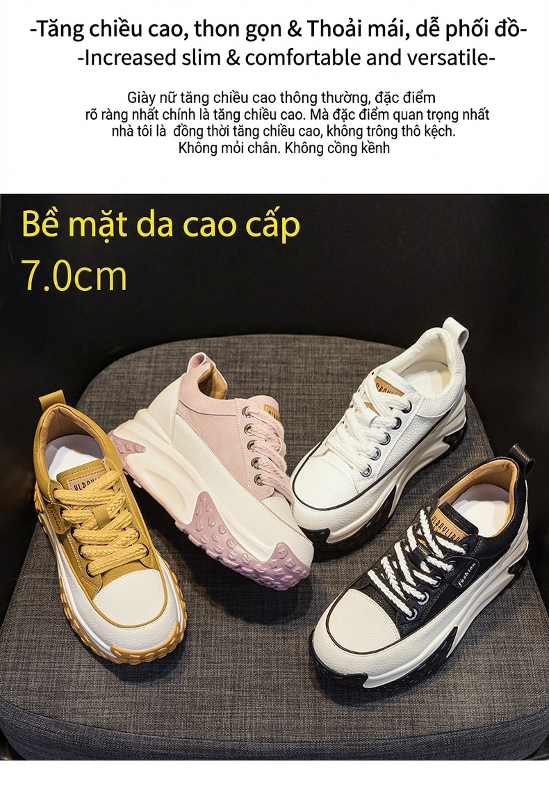 Giày Sneaker Nữ Da Mặt Chiều Cao Đế Khoảng 5cm Kiểu Dáng Retro Màu Vàng, Trắng, Đen, Tím... chi tiết 2