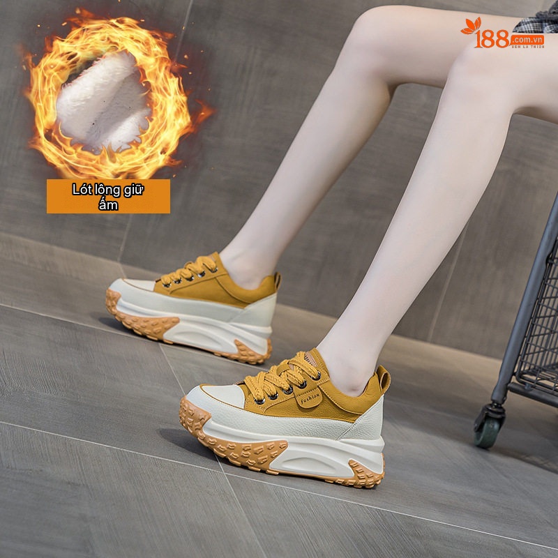 Giày Sneaker Nữ Da Mặt Chiều Cao Đế Khoảng 5cm Kiểu Dáng Retro Màu Vàng, Trắng, Đen, Tím...