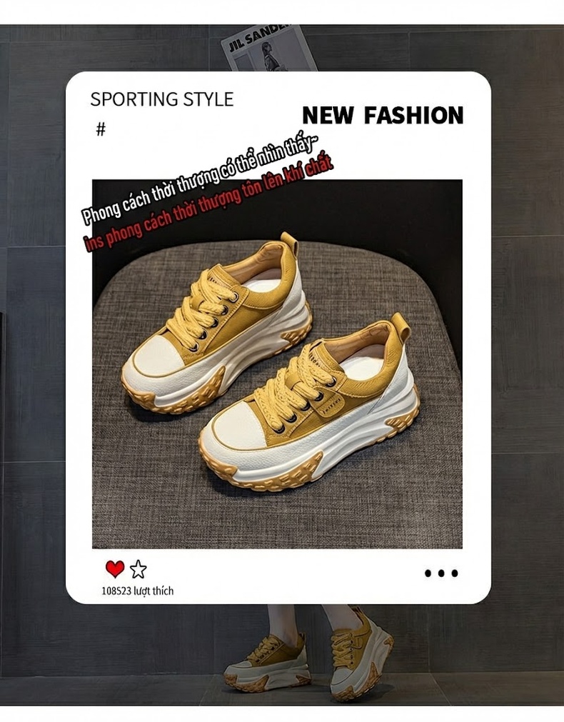 Giày Sneaker Nữ Da Mặt Chiều Cao Đế Khoảng 5cm Kiểu Dáng Retro Màu Vàng, Trắng, Đen, Tím... chi tiết 3
