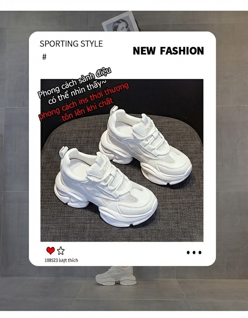 Giày Sneaker Nữ Da Mềm Đế Dày Phong Cách Ins Chiều Cao Đế Khoảng 5cm Màu Trắng chi tiết 2