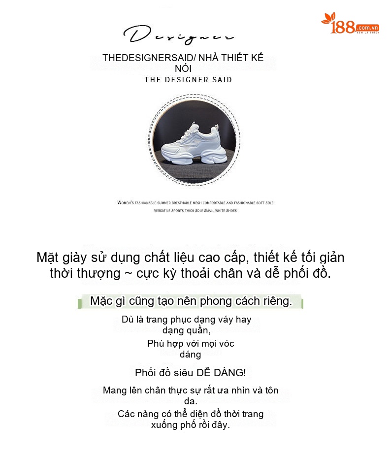 Giày Sneaker Nữ Da Mềm Đế Dày Phong Cách Ins Chiều Cao Đế Khoảng 5cm Màu Trắng chi tiết 3