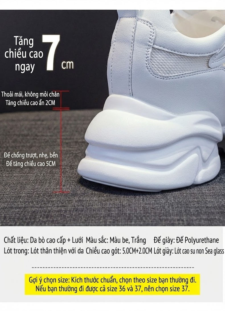 Giày Sneaker Nữ Da Mềm Đế Dày Phong Cách Ins Chiều Cao Đế Khoảng 5cm Màu Trắng chi tiết 4