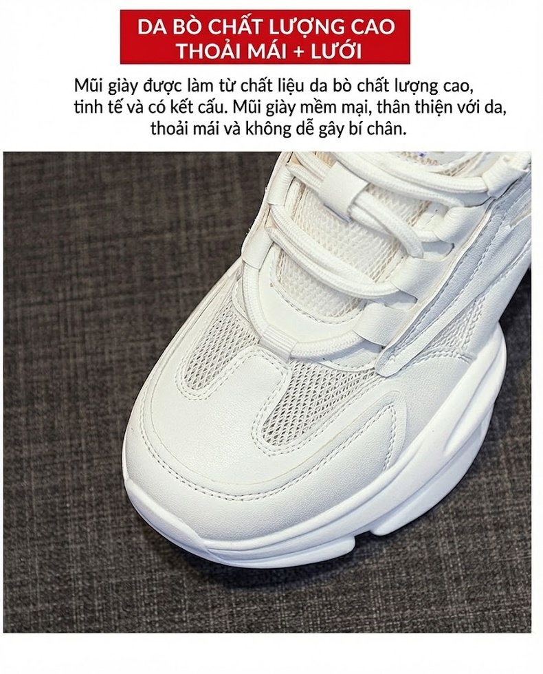 Giày Sneaker Nữ Da Mềm Đế Dày Phong Cách Ins Chiều Cao Đế Khoảng 5cm Màu Trắng chi tiết 6