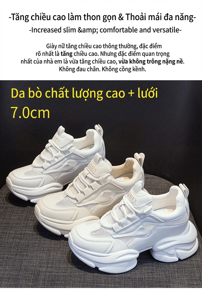 Giày Sneaker Nữ Da Mềm Đế Dày Phong Cách Ins Chiều Cao Đế Khoảng 5cm Màu Trắng chi tiết 1