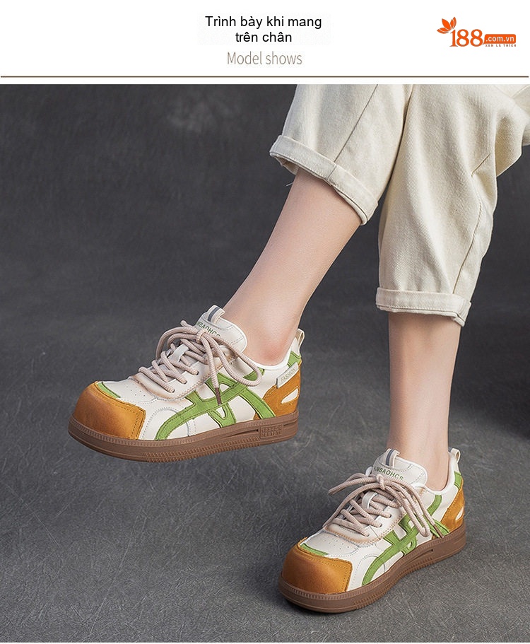 Giày Sneaker Nữ Da Mờ Buộc Dây Chiều Cao Đế Khoảng 2cm Phong Cách Retro Màu Nâu, Đỏ, Trắng, Xanh... chi tiết 6
