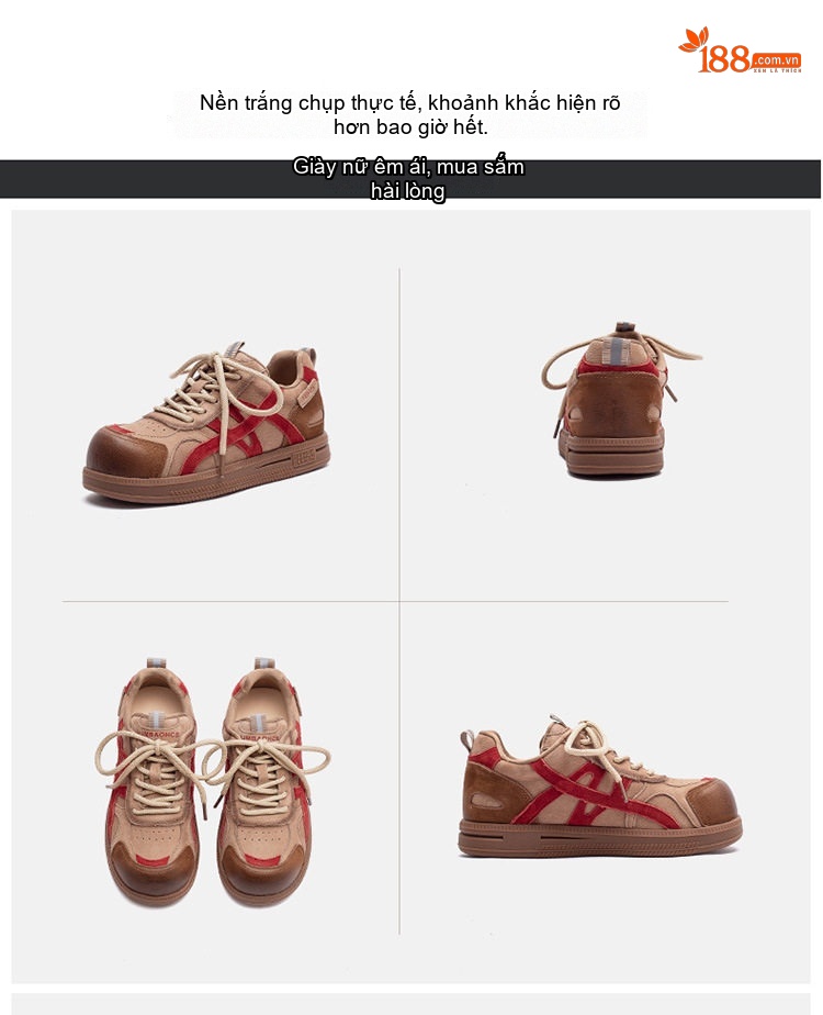 Giày Sneaker Nữ Da Mờ Buộc Dây Chiều Cao Đế Khoảng 2cm Phong Cách Retro Màu Nâu, Đỏ, Trắng, Xanh... chi tiết 15