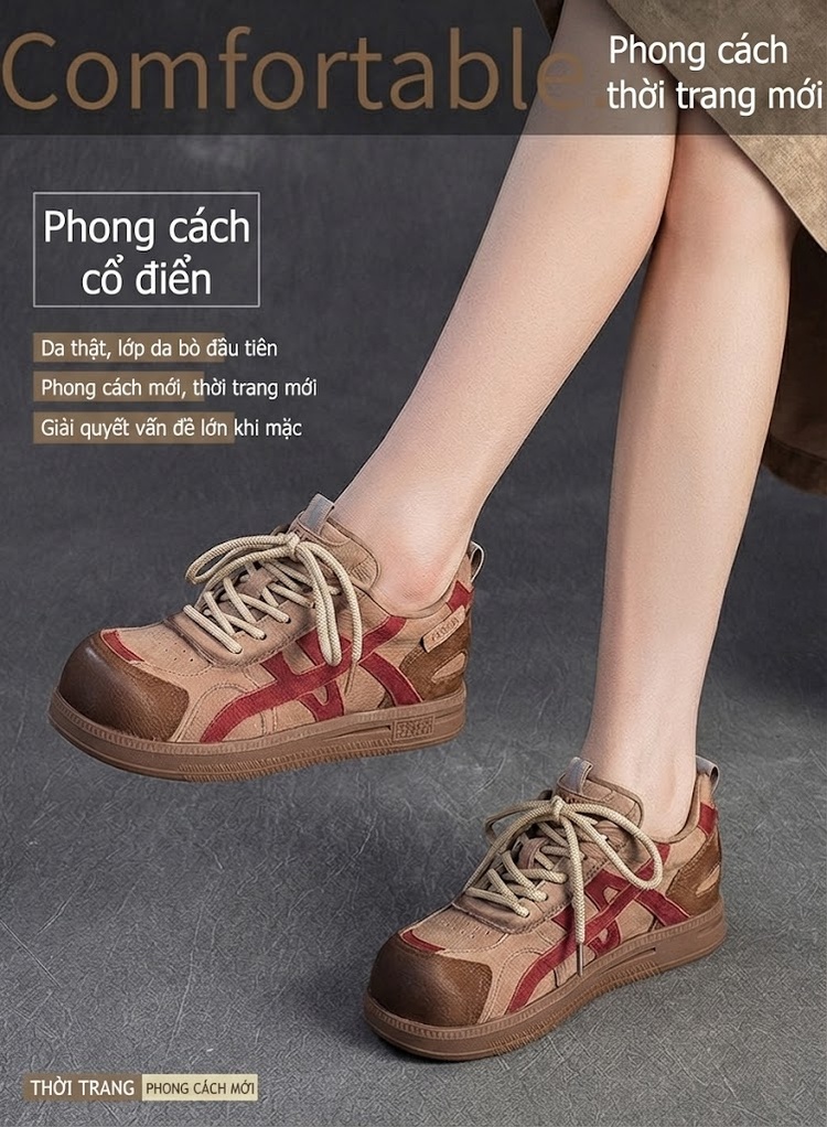 Giày Sneaker Nữ Da Mờ Buộc Dây Chiều Cao Đế Khoảng 2cm Phong Cách Retro Màu Nâu, Đỏ, Trắng, Xanh... chi tiết 1