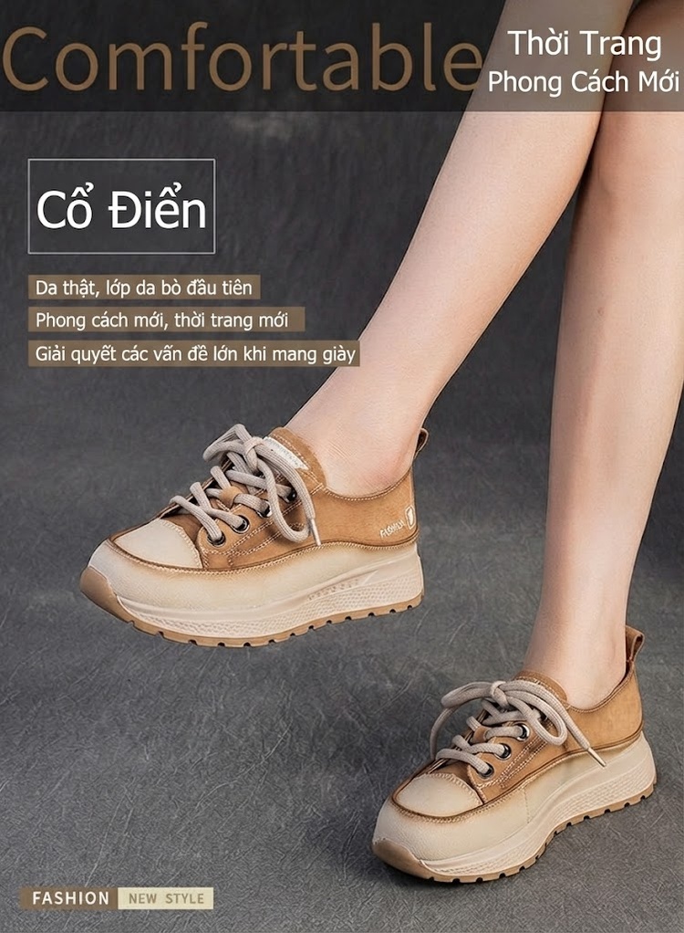 Giày Sneaker Nữ Da Mờ Đế Bánh Mì Chiều Cao Đế Khoảng 4cm Màu Nâu, Kem chi tiết 1