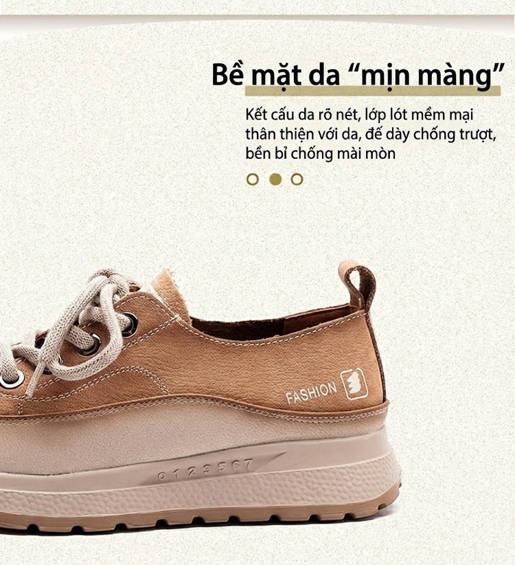 Giày Sneaker Nữ Da Mờ Đế Bánh Mì Chiều Cao Đế Khoảng 4cm Màu Nâu, Kem chi tiết 2
