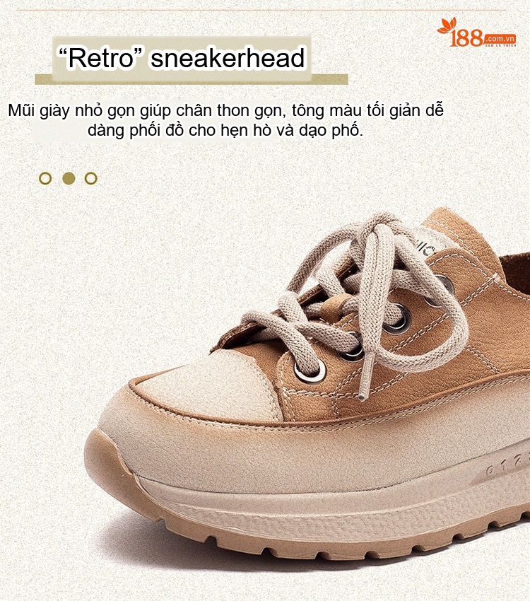 Giày Sneaker Nữ Da Mờ Đế Bánh Mì Chiều Cao Đế Khoảng 4cm Màu Nâu, Kem chi tiết 3