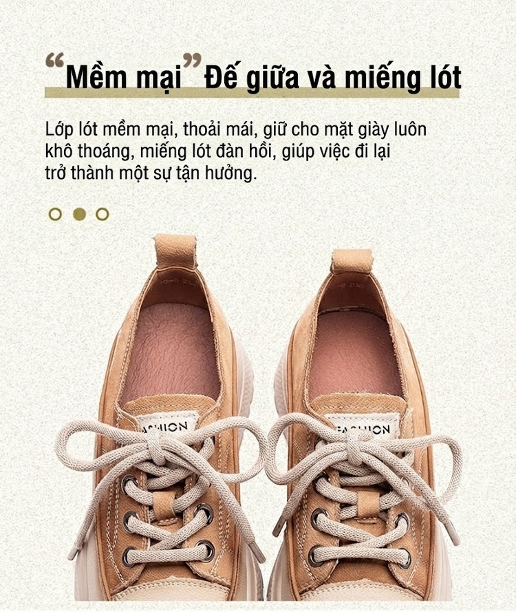 Giày Sneaker Nữ Da Mờ Đế Bánh Mì Chiều Cao Đế Khoảng 4cm Màu Nâu, Kem chi tiết 5