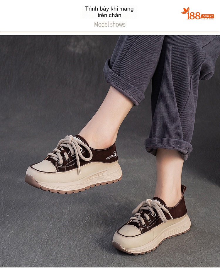 Giày Sneaker Nữ Da Mờ Đế Bánh Mì Chiều Cao Đế Khoảng 4cm Màu Nâu, Kem chi tiết 6