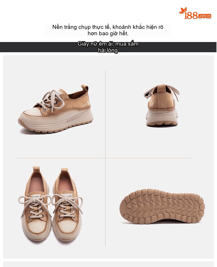 Giày Sneaker Nữ Da Mờ Đế Bánh Mì Chiều Cao Đế Khoảng 4cm Màu Nâu, Kem chi tiết 15