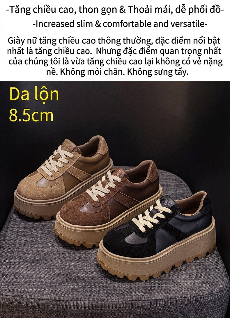 Giày Sneaker Nữ Da Mờ Đế Bánh Mì Chiều Cao Đế Khoảng 5cm Màu Nâu, Đen chi tiết 2