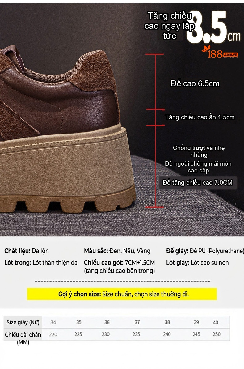 Giày Sneaker Nữ Da Mờ Đế Bánh Mì Chiều Cao Đế Khoảng 5cm Màu Nâu, Đen chi tiết 9