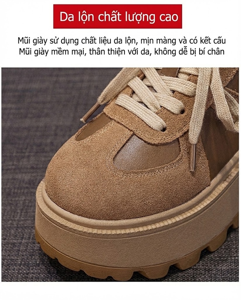 Giày Sneaker Nữ Da Mờ Đế Bánh Mì Chiều Cao Đế Khoảng 5cm Màu Nâu, Đen chi tiết 12