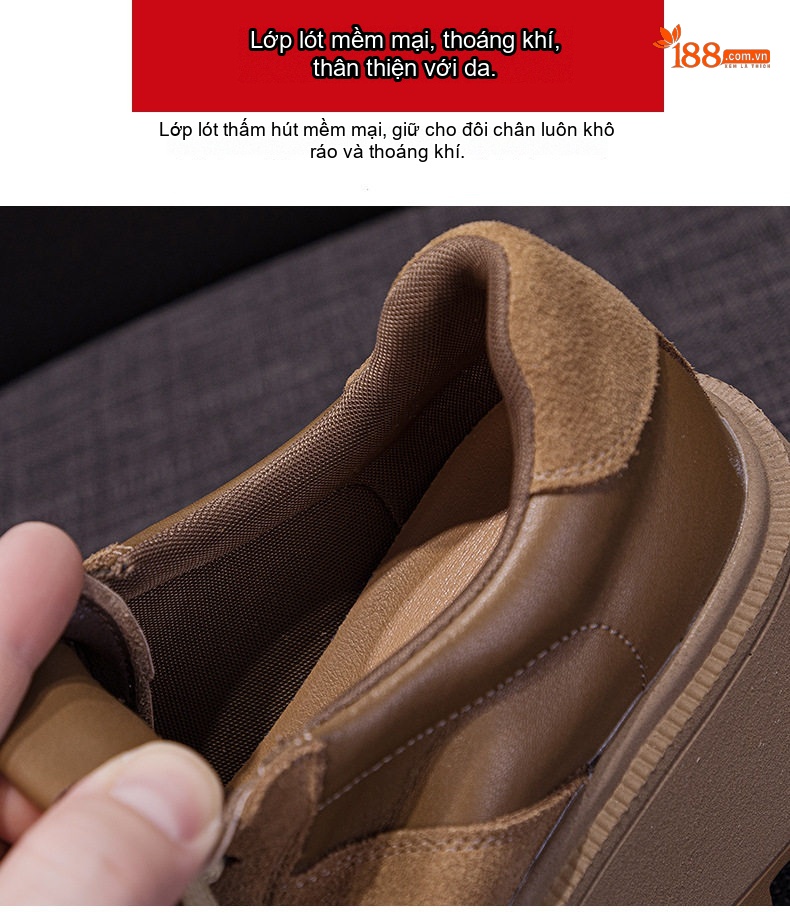 Giày Sneaker Nữ Da Mờ Đế Bánh Mì Chiều Cao Đế Khoảng 5cm Màu Nâu, Đen chi tiết 13