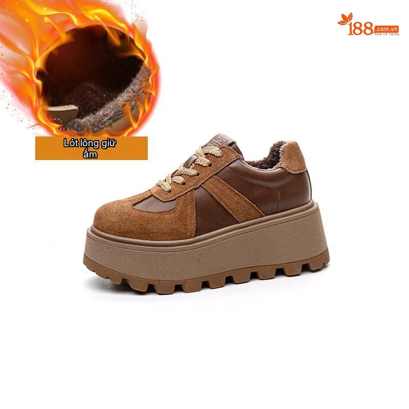 Giày Sneaker Nữ Da Mờ Đế Bánh Mì Chiều Cao Đế Khoảng 5cm Màu Nâu, Đen