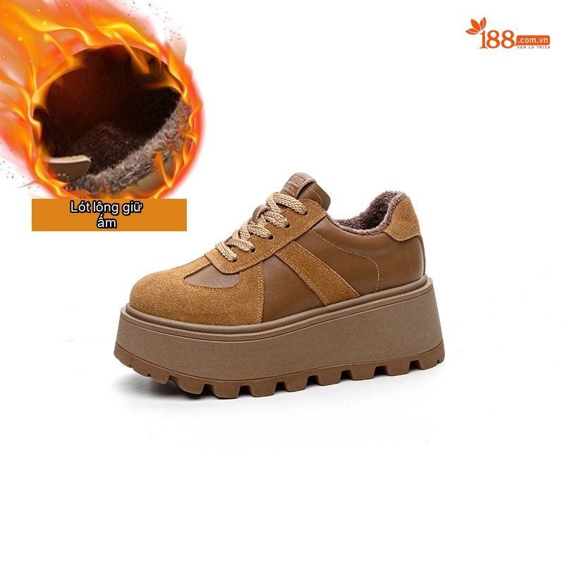 Giày Sneaker Nữ Da Mờ Đế Bánh Mì Chiều Cao Đế Khoảng 5cm Màu Nâu, Đen