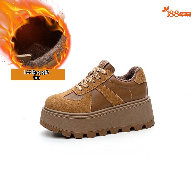 Giày Sneaker Nữ Da Mờ Đế Bánh Mì Chiều Cao Đế Khoảng 5cm Màu Nâu, Đen