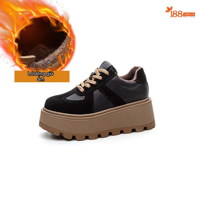 Giày Sneaker Nữ Da Mờ Đế Bánh Mì Chiều Cao Đế Khoảng 5cm Màu Nâu, Đen chi tiết 4