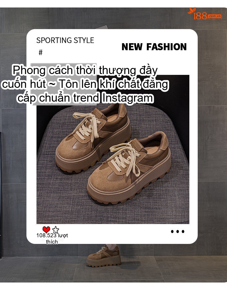 Giày Sneaker Nữ Da Mờ Đế Bánh Mì Chiều Cao Đế Khoảng 5cm Màu Nâu, Đen chi tiết 7