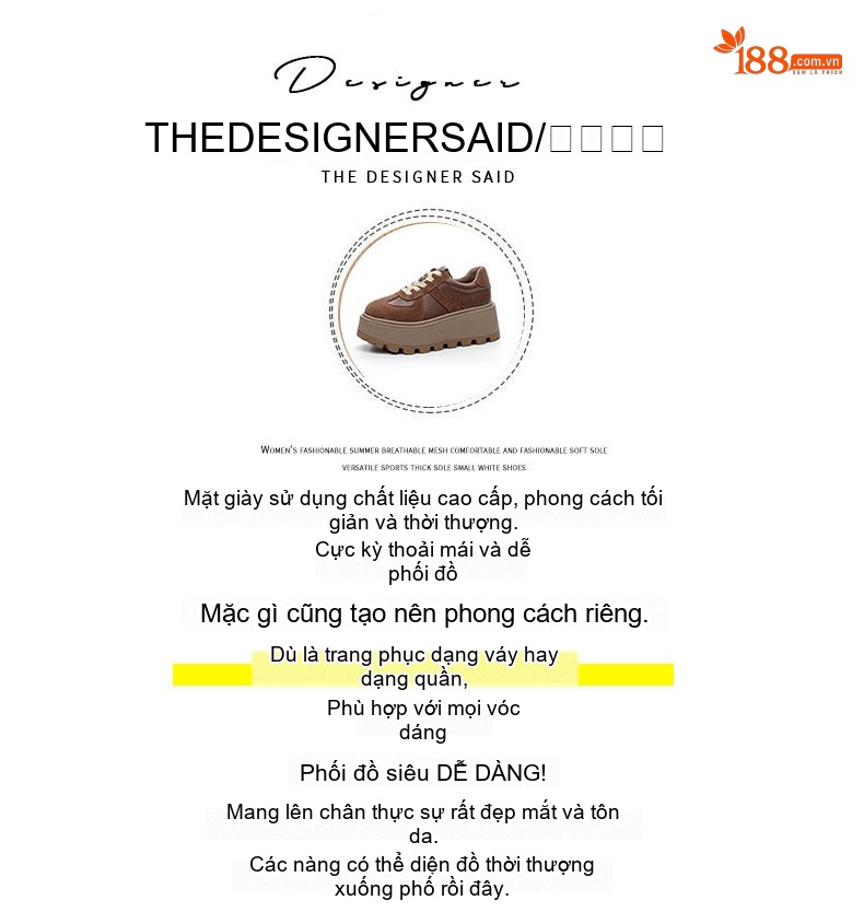 Giày Sneaker Nữ Da Mờ Đế Bánh Mì Chiều Cao Đế Khoảng 5cm Màu Nâu, Đen chi tiết 8