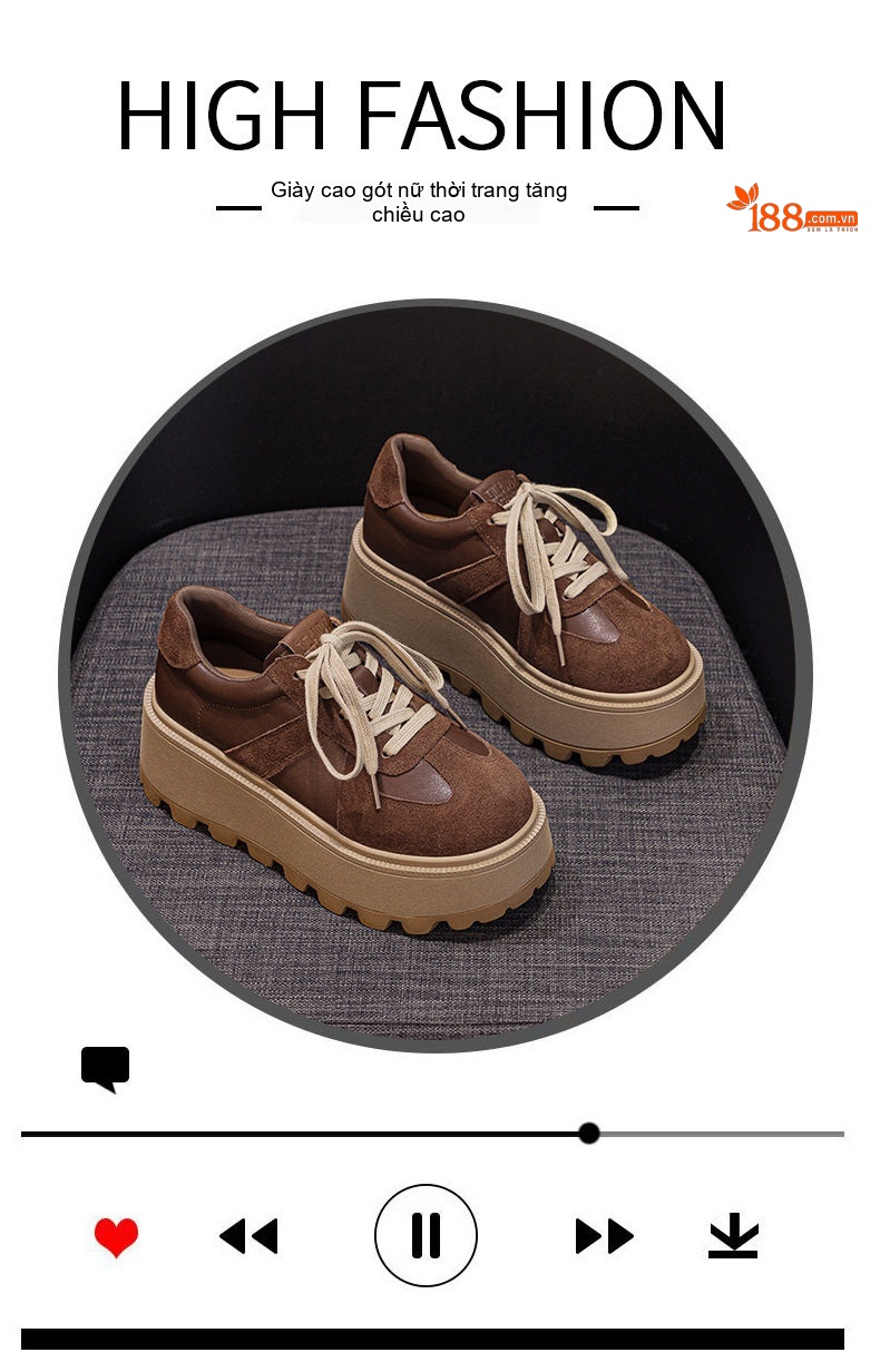 Giày Sneaker Nữ Da Mờ Đế Bánh Mì Chiều Cao Đế Khoảng 5cm Màu Nâu, Đen chi tiết 10