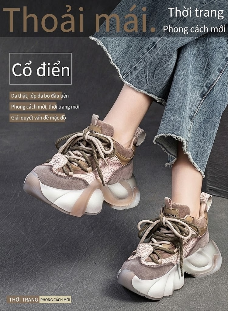 Giày Sneaker Nữ Da Mờ Phong Cách Thể Thao Chiều Cao Đế Khoảng 5cm Màu Đen, Xanh, Hồng, Nâu... chi tiết 2