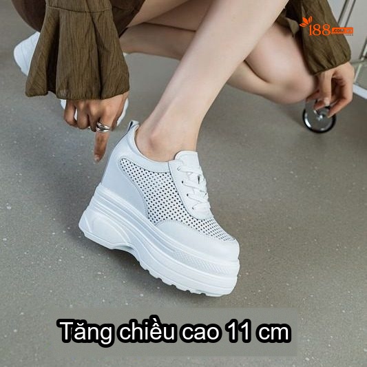 Giày Sneaker Nữ Da Thật Chiều Cao Đế 11cm Màu Trắng, Đen