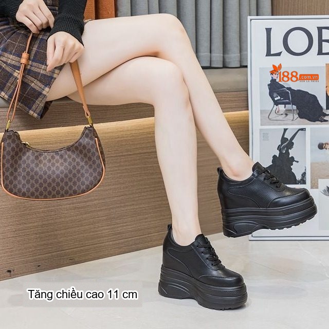 Giày Sneaker Nữ Da Thật Chiều Cao Đế 11cm Màu Trắng, Đen