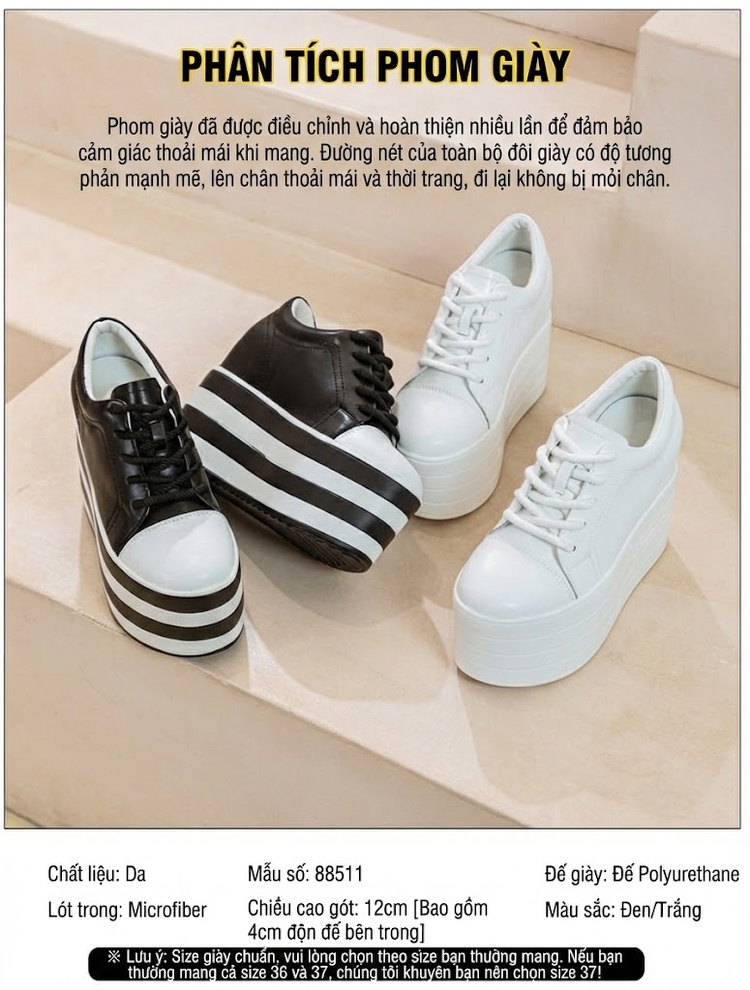 Giày Sneaker Nữ Da Thật Chiều Cao Đế 8cm Phong Cách Hàn Quốc Màu Đen, Trắng chi tiết 2
