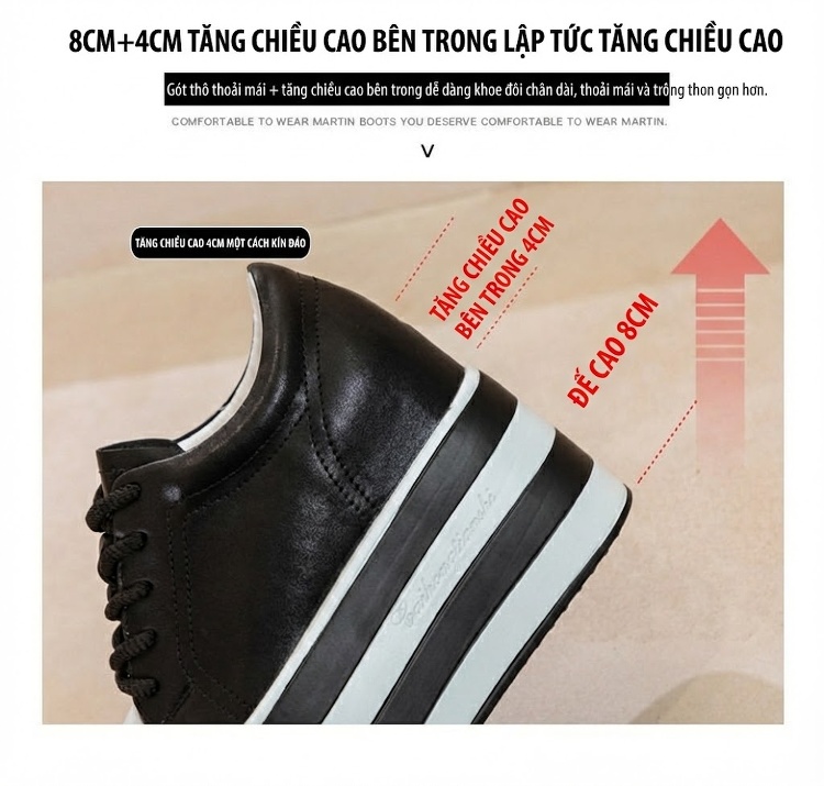 Giày Sneaker Nữ Da Thật Chiều Cao Đế 8cm Phong Cách Hàn Quốc Màu Đen, Trắng chi tiết 10