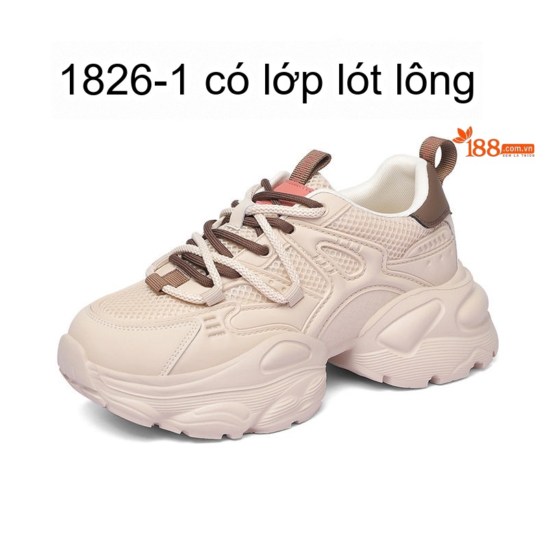 Giày Sneaker Nữ Da Thật Đế Bằng Chiều Cao Đế Khoảng 5cm Màu Đen, Kem