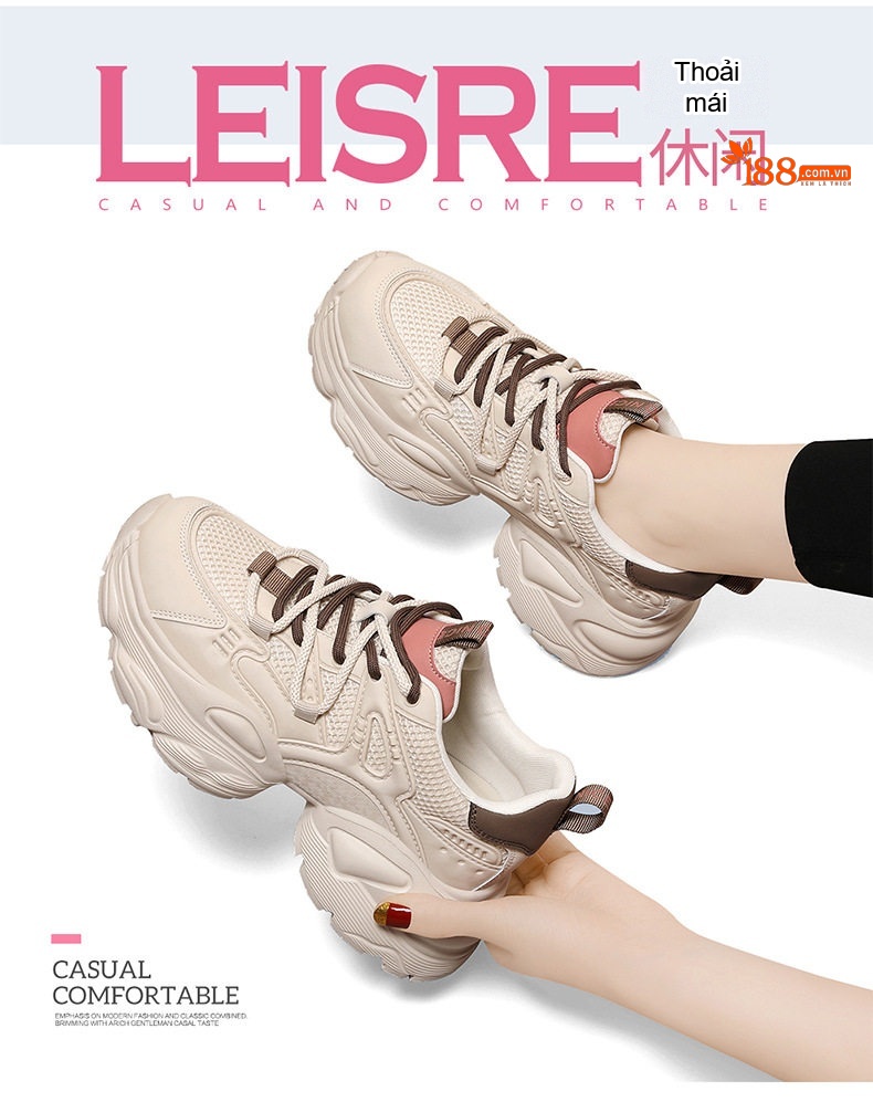 Giày Sneaker Nữ Da Thật Đế Bằng Chiều Cao Đế Khoảng 5cm Màu Đen, Kem chi tiết 3