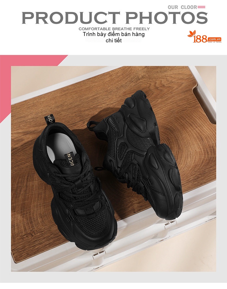 Giày Sneaker Nữ Da Thật Đế Bằng Chiều Cao Đế Khoảng 5cm Màu Đen, Kem chi tiết 5