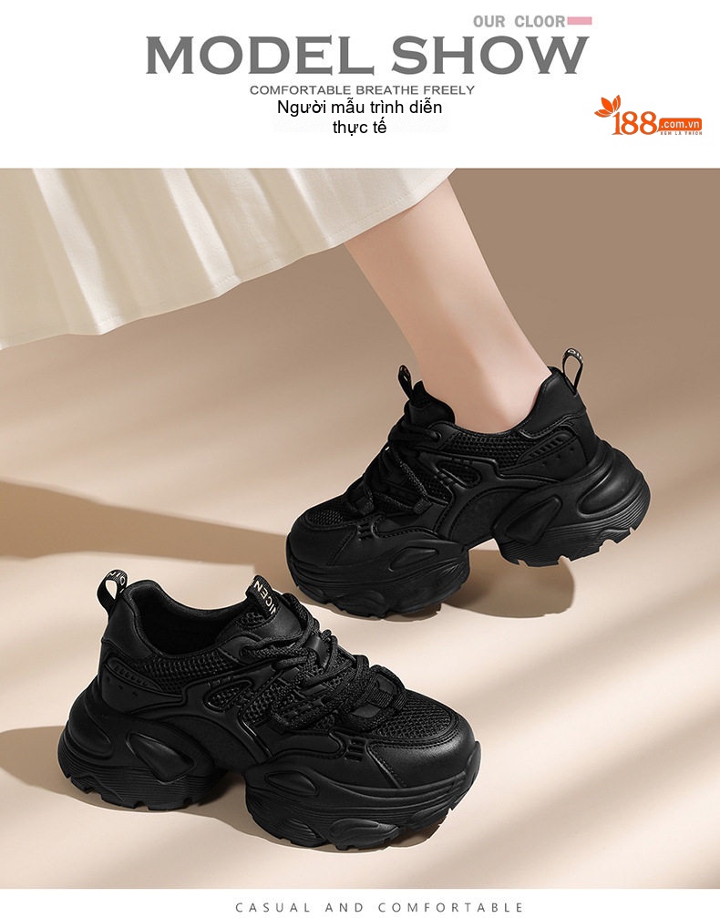 Giày Sneaker Nữ Da Thật Đế Bằng Chiều Cao Đế Khoảng 5cm Màu Đen, Kem chi tiết 6