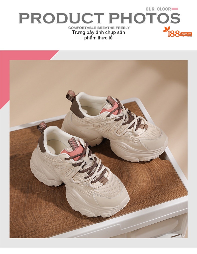 Giày Sneaker Nữ Da Thật Đế Bằng Chiều Cao Đế Khoảng 5cm Màu Đen, Kem chi tiết 10