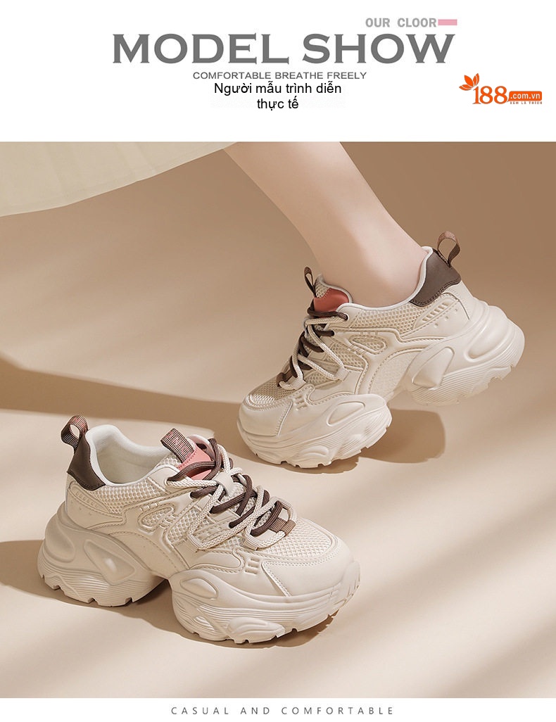 Giày Sneaker Nữ Da Thật Đế Bằng Chiều Cao Đế Khoảng 5cm Màu Đen, Kem chi tiết 11