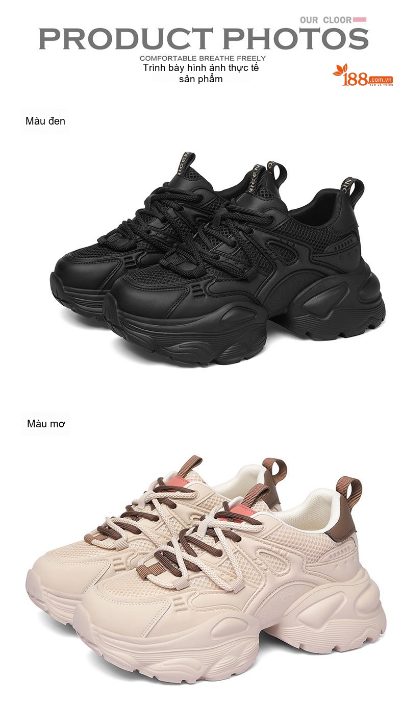 Giày Sneaker Nữ Da Thật Đế Bằng Chiều Cao Đế Khoảng 5cm Màu Đen, Kem chi tiết 16