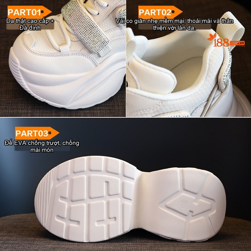 Giày Sneaker Nữ Da Thật Đế Bánh Mì Chiều Cao Đế 6cm Màu Trắng, Đen