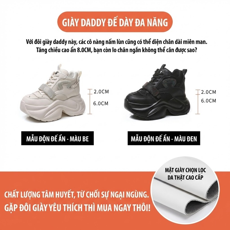 Giày Sneaker Nữ Da Thật Đế Bánh Mì Chiều Cao Đế 6cm Màu Trắng, Đen