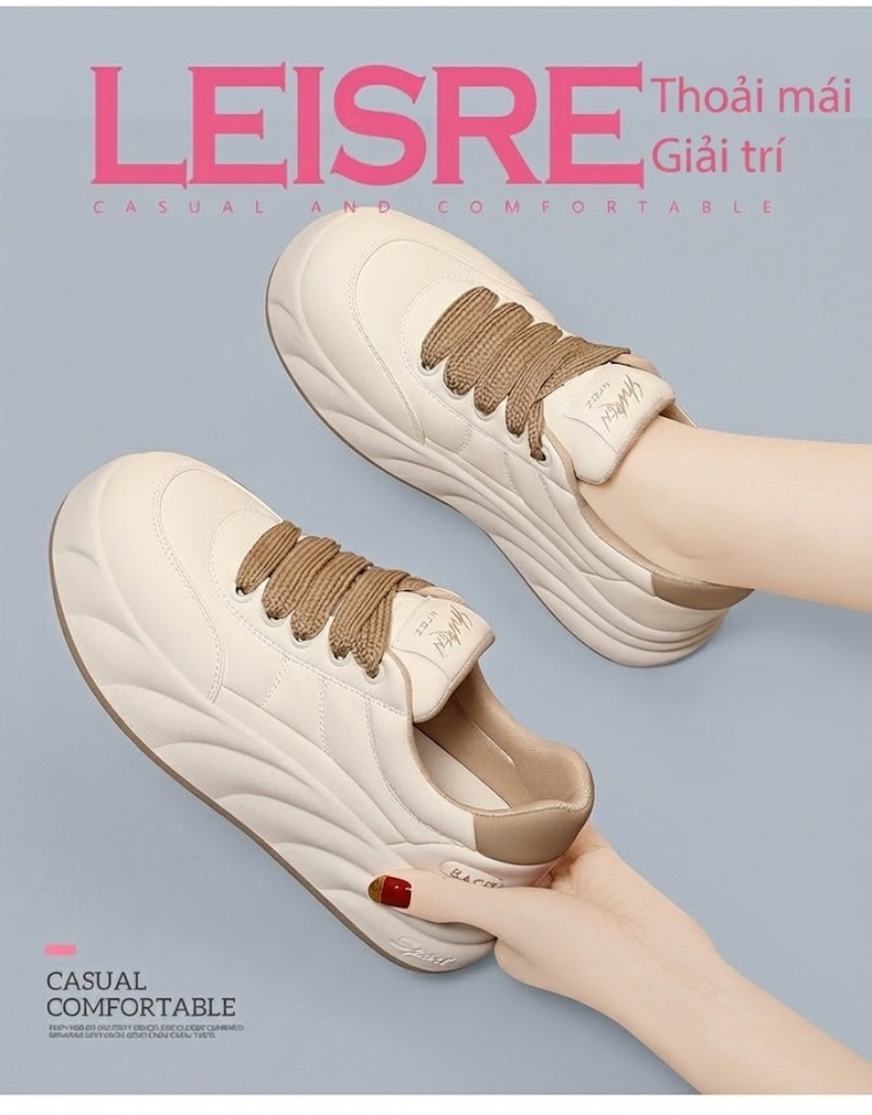 Giày Sneaker Nữ Da Thật Đế Bánh Mì Chiều Cao Đế Khoảng 4cm Màu Trắng chi tiết 3