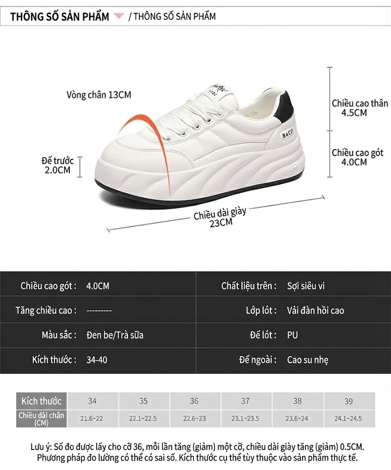Giày Sneaker Nữ Da Thật Đế Bánh Mì Chiều Cao Đế Khoảng 4cm Màu Trắng chi tiết 4