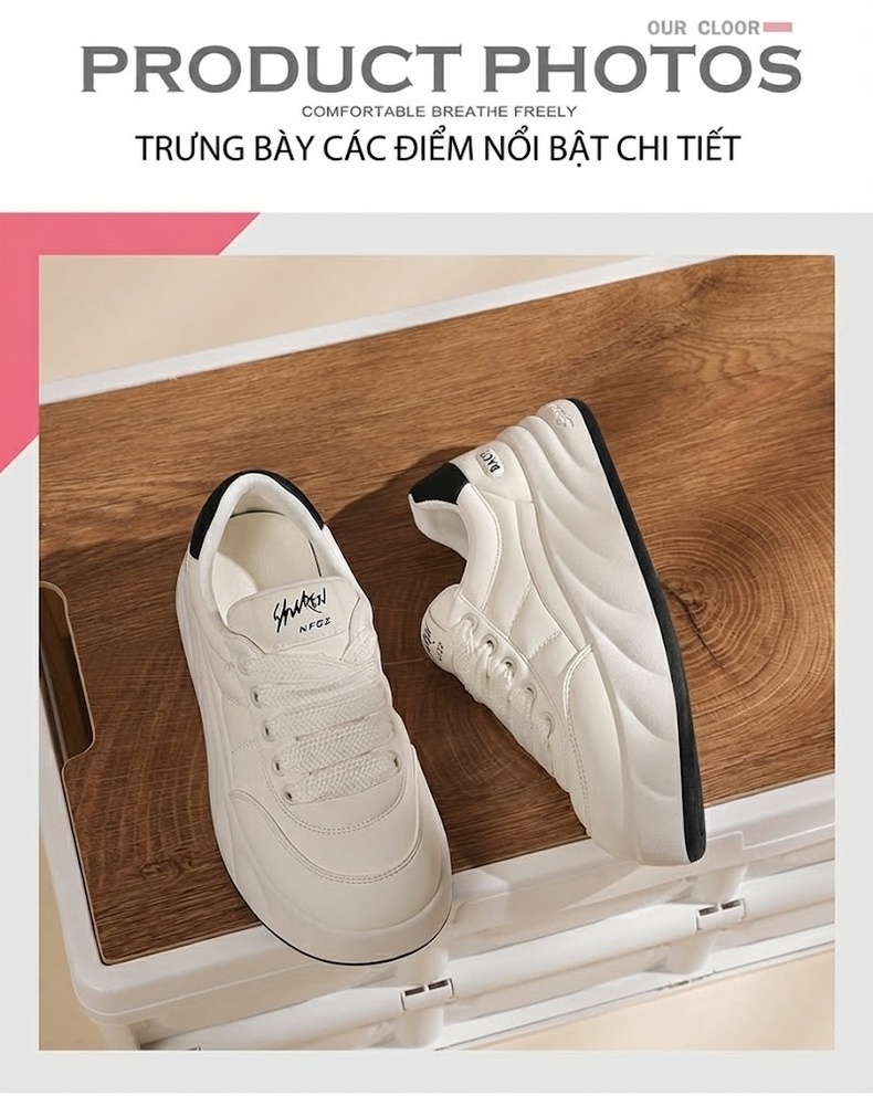 Giày Sneaker Nữ Da Thật Đế Bánh Mì Chiều Cao Đế Khoảng 4cm Màu Trắng chi tiết 5
