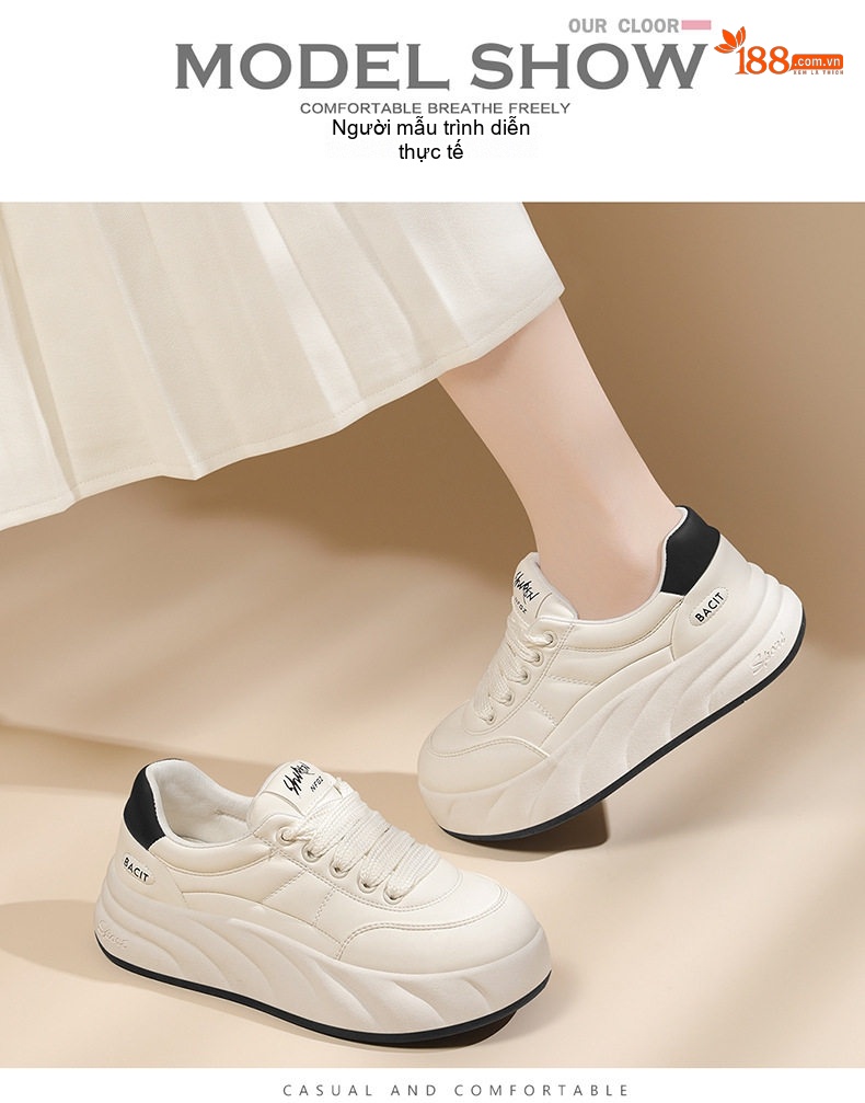 Giày Sneaker Nữ Da Thật Đế Bánh Mì Chiều Cao Đế Khoảng 4cm Màu Trắng chi tiết 6